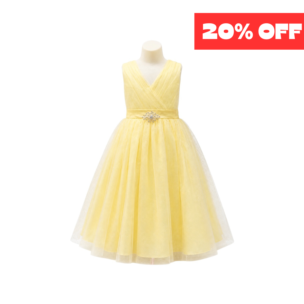 Yellow Glitter Tulle Dress with Pleated V-Neck & Rhinestone Brooch (Size 10)