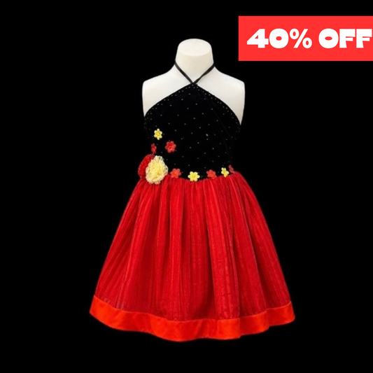 Black & Red Halter Dress w/ Floral Waist Detail & Striped Skirt