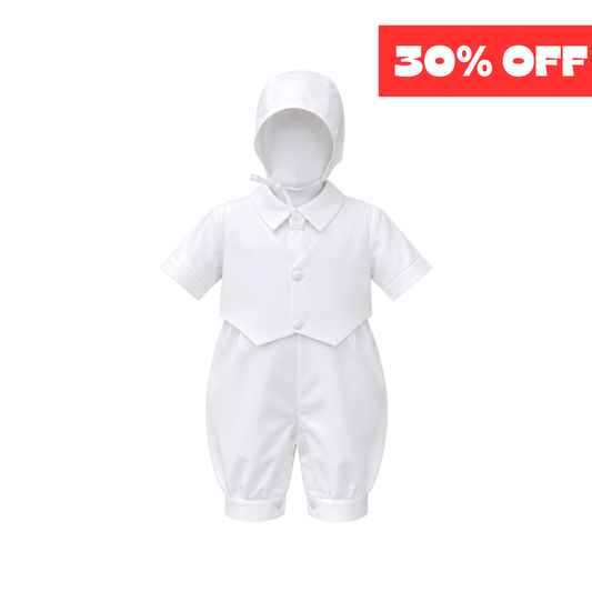 Mavezzano Baby Boys' White Short-Sleeve Baptism Romper with Bonnet (24 Months)
