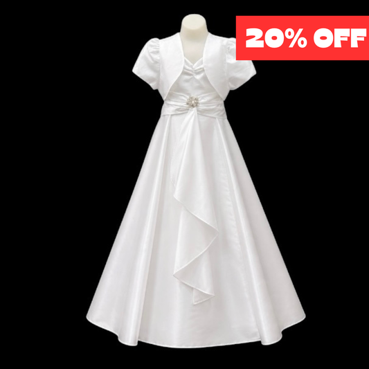Sleeveless White Satin Dress & Satin Bolero w/ Jewel-Encrusted Brooch (Size 10)