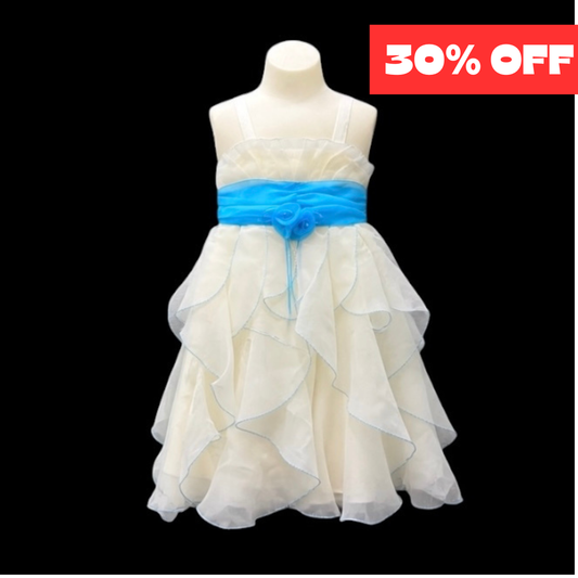 Yellow Layered Organza Dress with Turquoise Sash & Rosette Accent (Size 3/4)