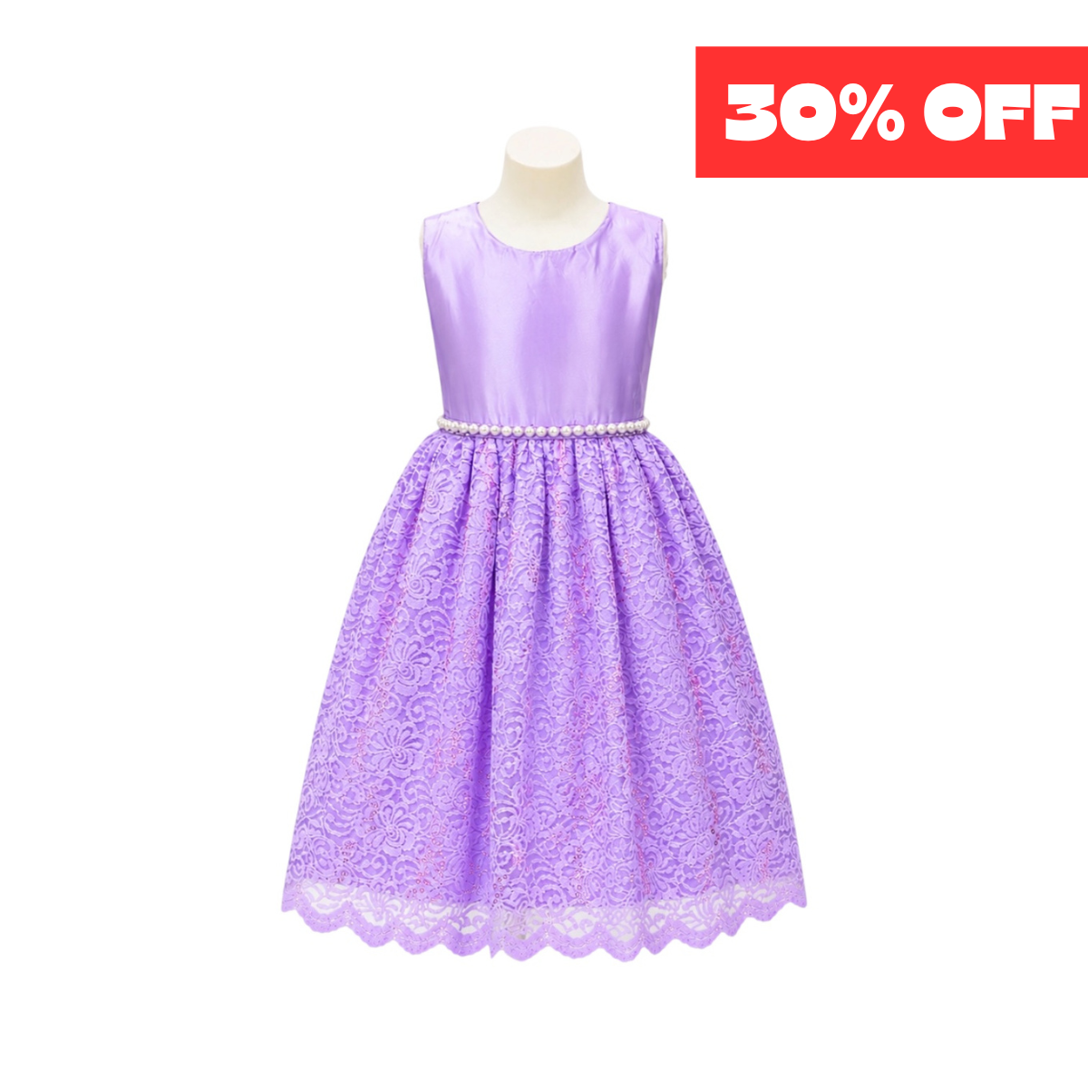 Girls’ Lavender Glitter Lace Tea-Length Dress with Pearl & Rhinestone Belt (Size 8)