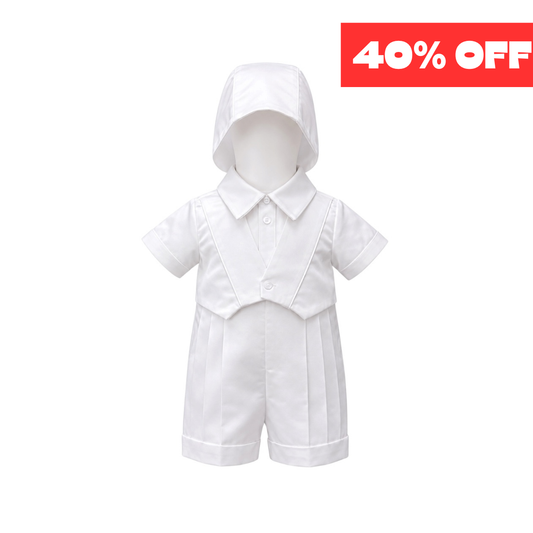 Tots Fifth Avenue Baby Boys' White 2-Piece Baptism Romper Set with Hat (24 Months)