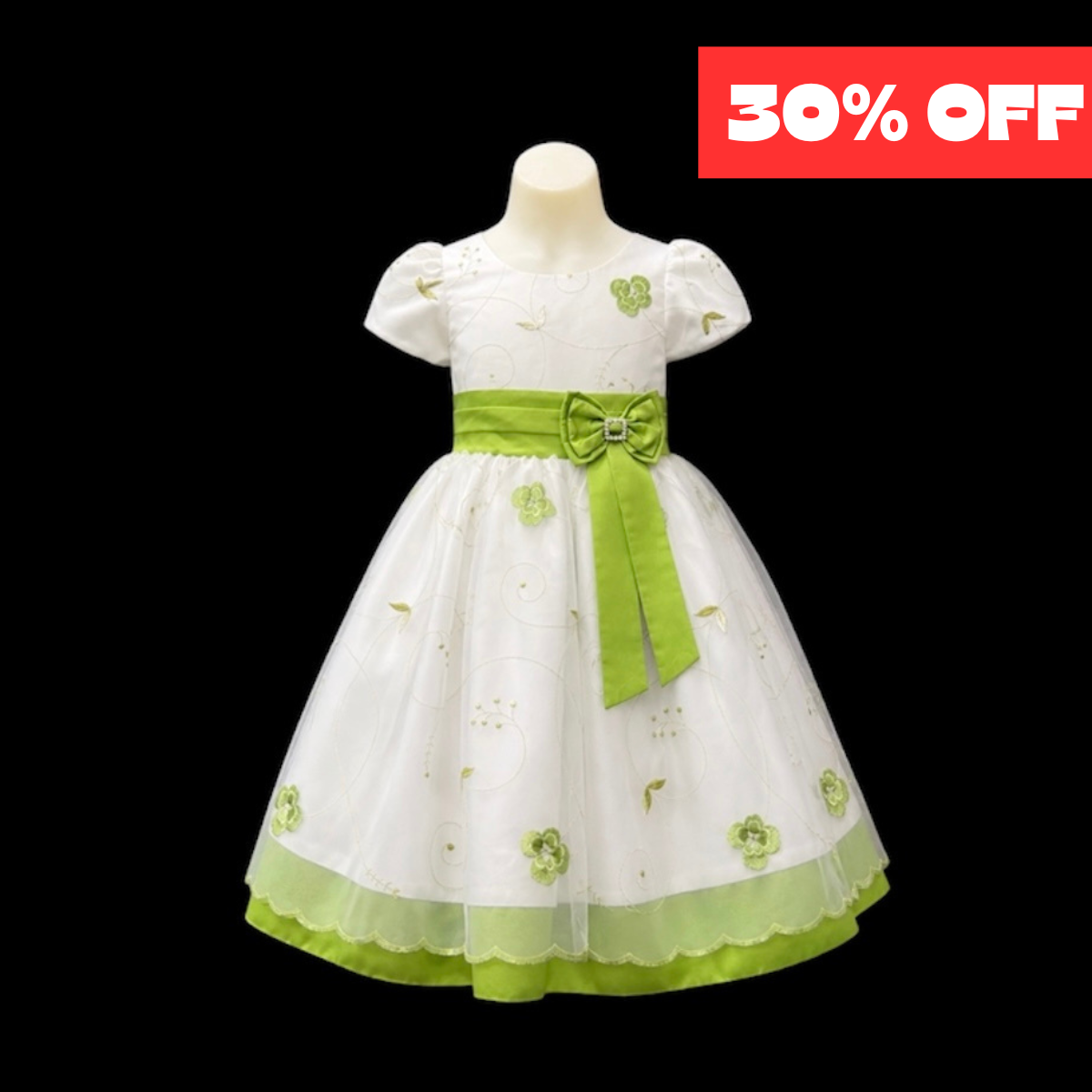White & Green Floral Embroidered Toddler Dress with Satin Sash & Bow (Size 2/3)