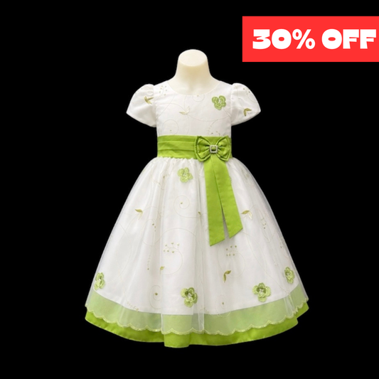 White & Green Floral Embroidered Toddler Dress with Satin Sash & Bow (Size 2/3)