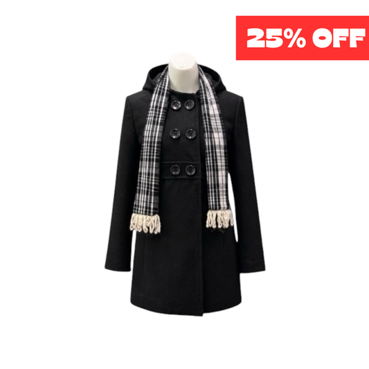 Girls' Black Double-Breasted Felt Coat with Plaid Scarf Set