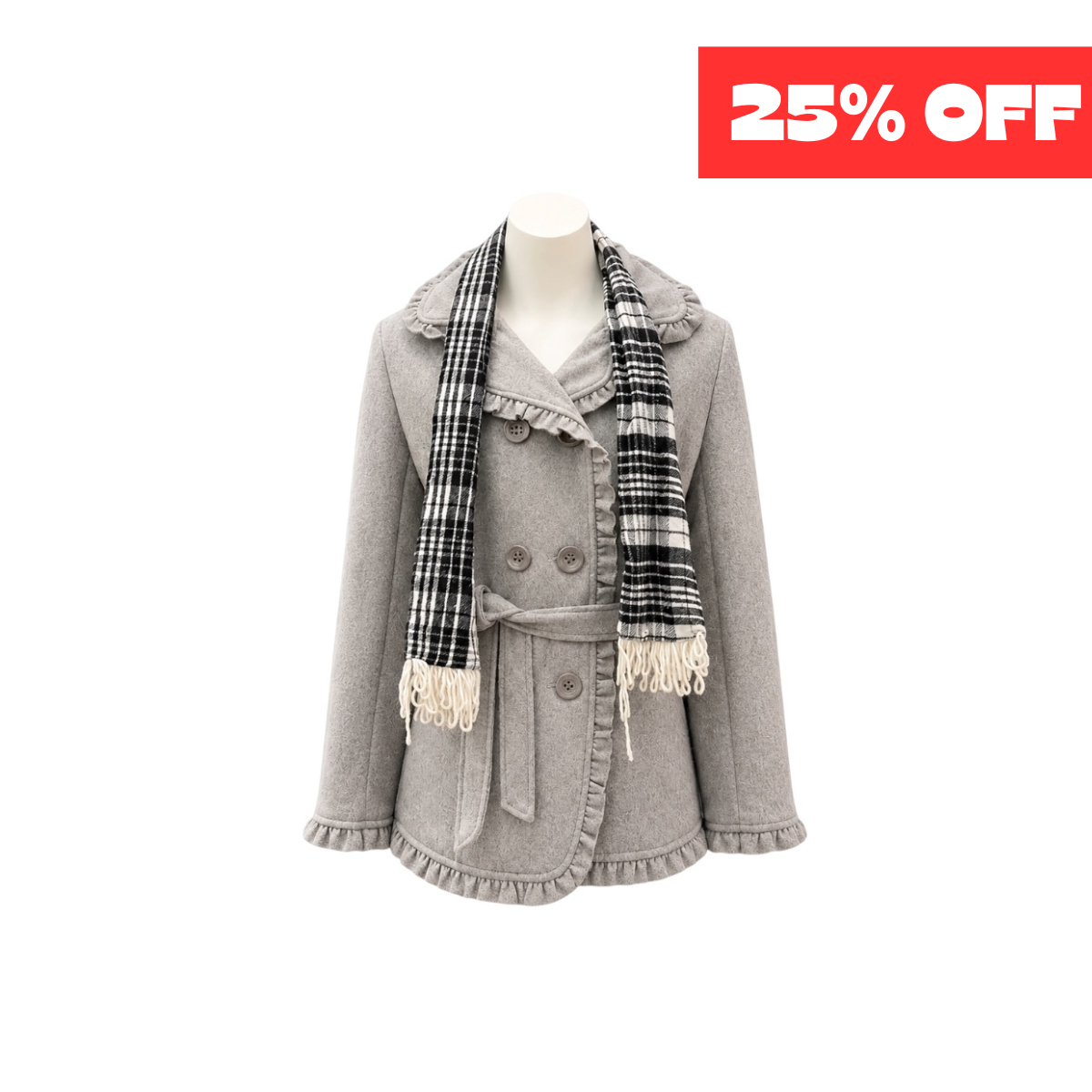 Girls' Grey Ruffle Trim Felt Coat with Plaid Scarf Set
