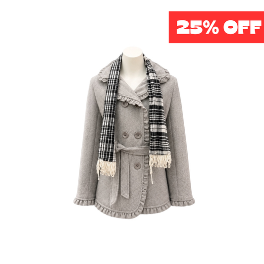 Girls' Grey Ruffle Trim Felt Coat with Plaid Scarf Set