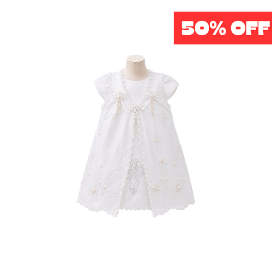 3-Piece Baby Girl White Satin Christening Dress with Embroidered Angel Overlay, Bonnet & Cape (6–9 Months)