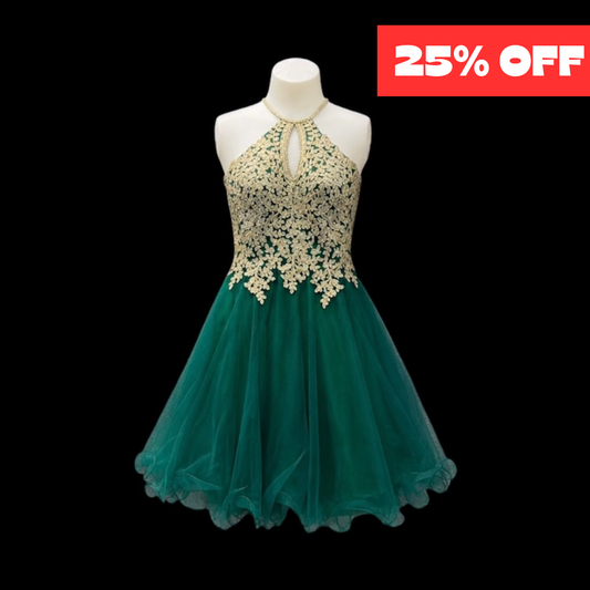 Emerald Green & Gold Halter Jr. Grad Dress with Embroidered Rhinestone Bodice and Tulle Skirt (Small)