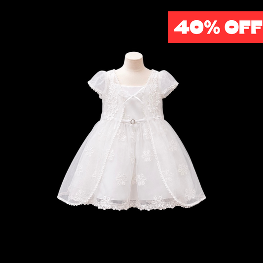 Baby Girl White Formal Dress with Floral Embroidered Bodice & Organza Overlay (18–24 Months)