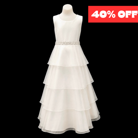 Ivory Sleeveless Satin Dress with Beaded Waist & Tiered Tulle Skirt