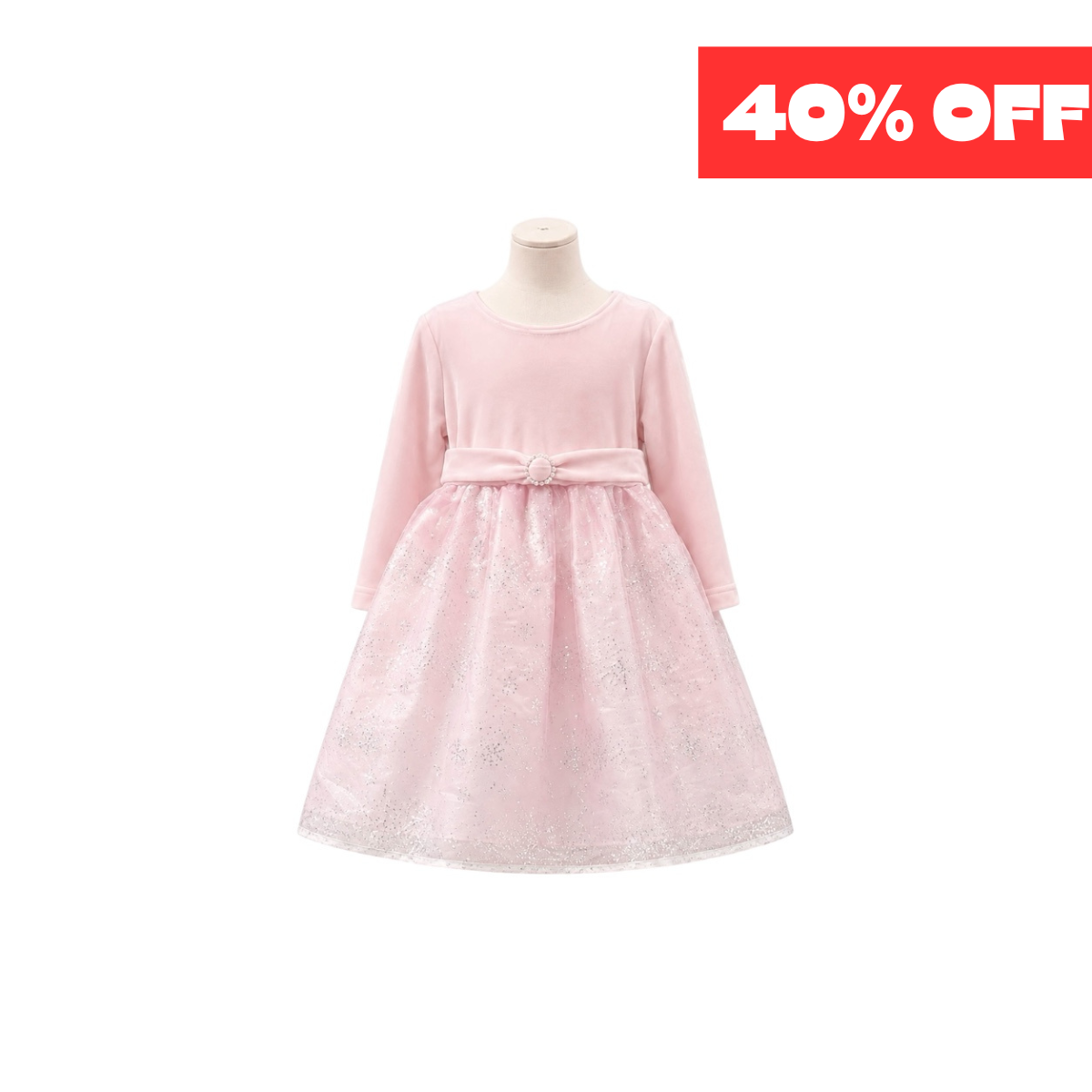 Baby Girl Long Sleeve Blush Pink Sparkle Dress with Velvet Bodice & Rhinestone Brooch (24 Months)