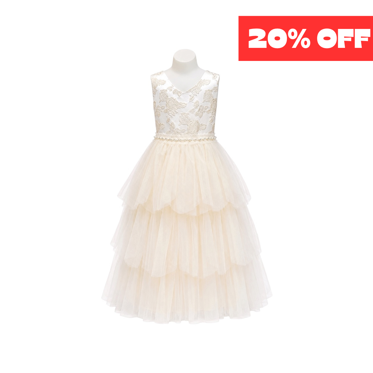 Champagne Floral Embroidered Tiered Tulle Dress with Pearl Waist  (Size 2)