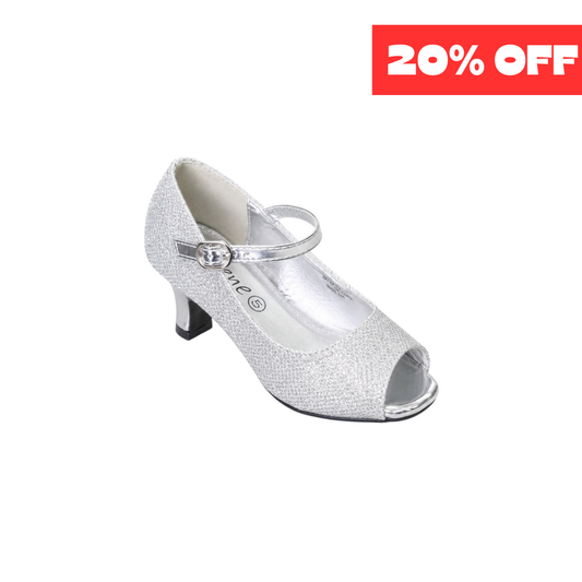 Jolene Silver Glitter Peep-Toe Dress Heels with Ankle Strap
