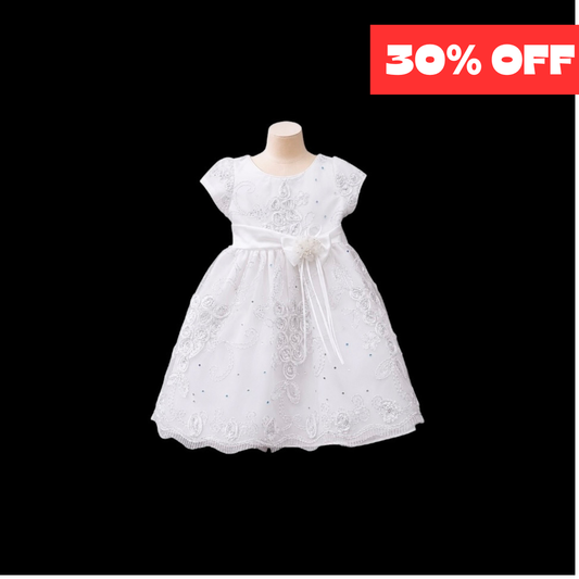 Cap Sleeve Baby Girl White Embroidered Dress with Coloured Rhinestones & Rosette Sash