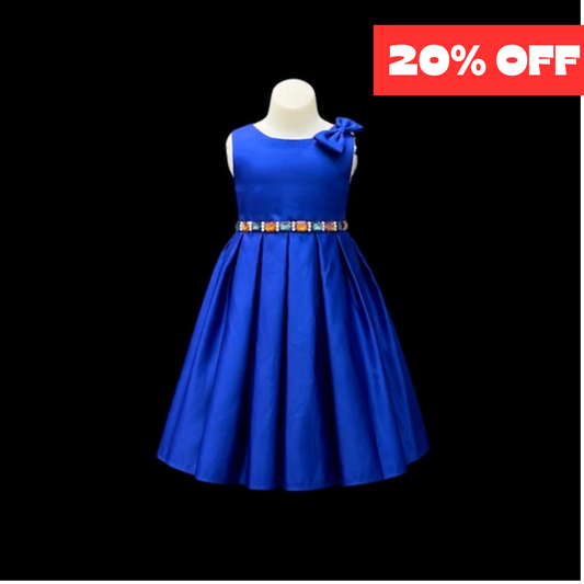 Royal Blue Tea-Length Satin Dress with Shoulder Bow & Multicolor Rhinestone Waist (Size 4)