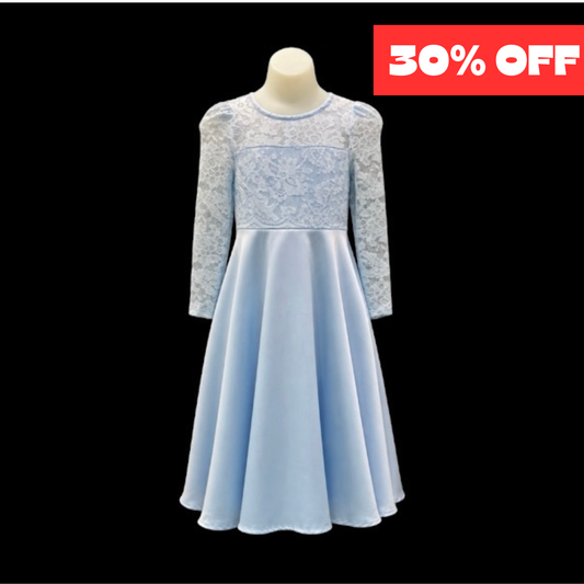 Light Blue Lace Bodice Tea Length Dress with Long Lace Sleeves (Size 10)