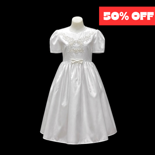 White Short Sleeve Dress with Embroidered Bodice & Pearl Bow Waist - Final Sale