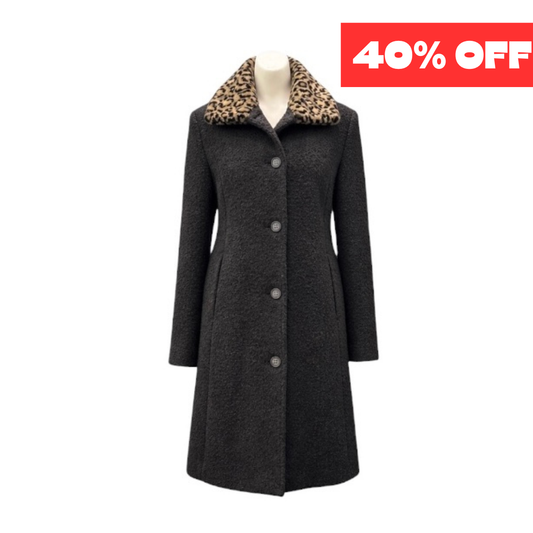 Girls Charcoal Wool Coat with Leopard Faux Fur Collar – Long Winter Dress Coat