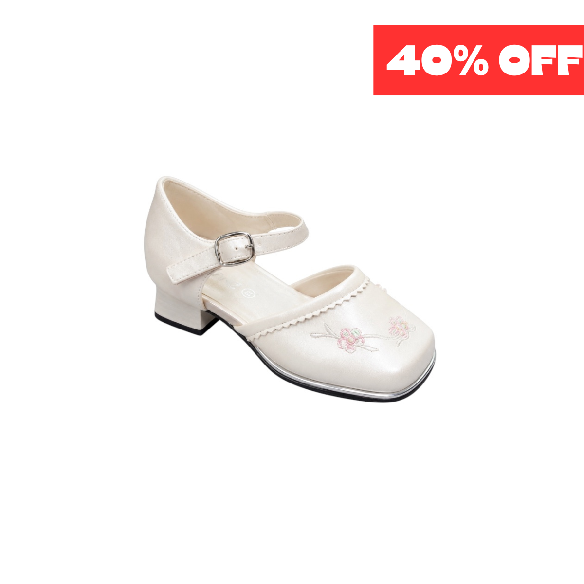 Jolene Girls' Floral Embroidered Ivory Block Heel Dress Shoes