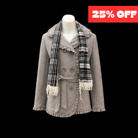 Girls Grey Felt Coat with Ruffle Trim & Plaid Scarf Set
