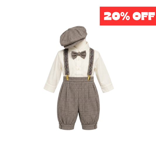 Rafael Collection 5-Piece Ivory & Taupe Plaid Suspender Outfit Set with Newsboy Hat (Size 2T)
