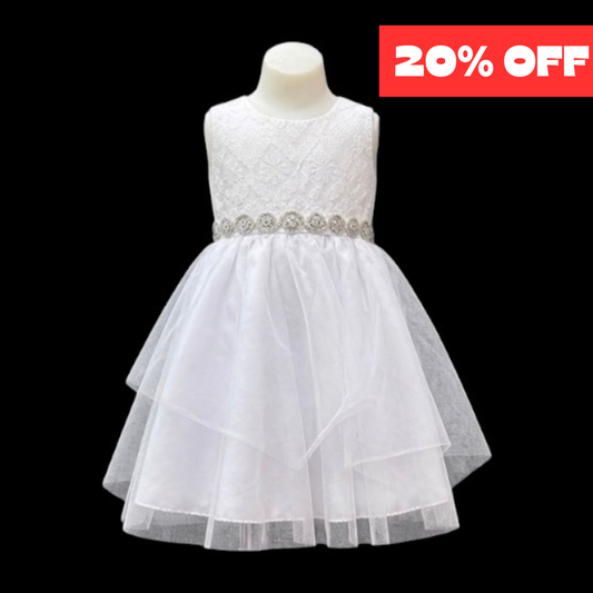 Girls White Lace Dress with Layered Tulle Skirt & Rhinestone Waist Detail (Size 4)