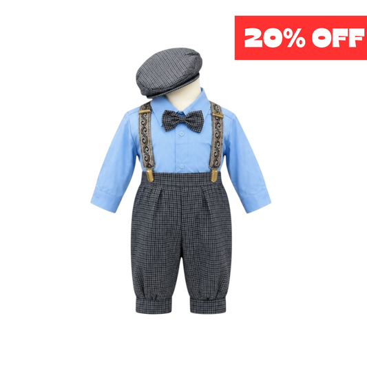 Rafael Collection 5-Piece Sky Blue & Grey Plaid Suspender Outfit Set with Newsboy Hat