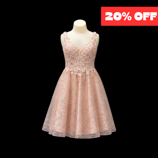 Blush Embroidered Jr. Grad Dress with Glitter Tulle Skirt and Floral Strap Detail (XS)