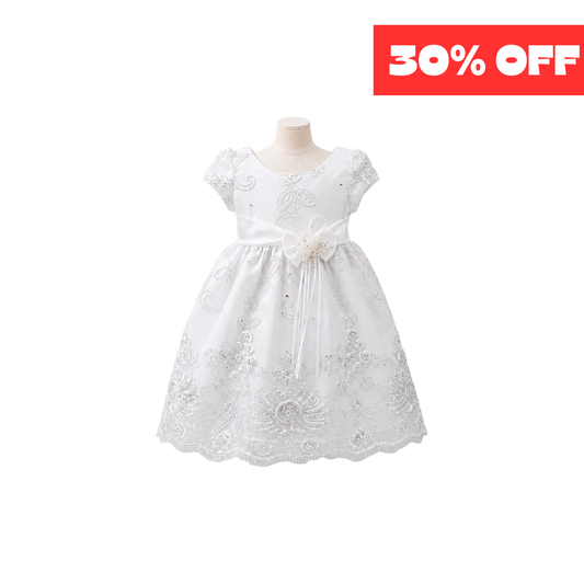 Baby Girl Embroidered Cap Sleeve Dress with Satin Bow Sash