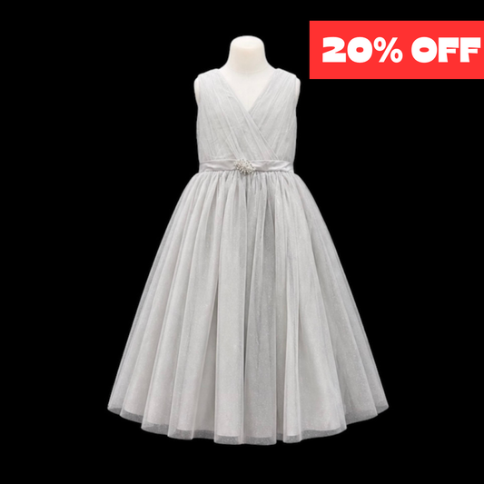 Silver Glitter Tulle Tea-Length Dress with V-Neck Pleated Bodice & Rhinestone Waist Brooch (Size 16)