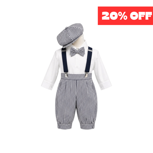 Mavezzano 5-Piece Navy Stripe Suspender Set with Newsboy Hat