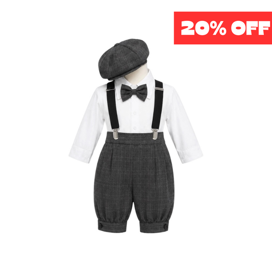 Mavezzano 5-Piece Charcoal Plaid Suspender Outfit Set with Newsboy Hat (6-9 months)