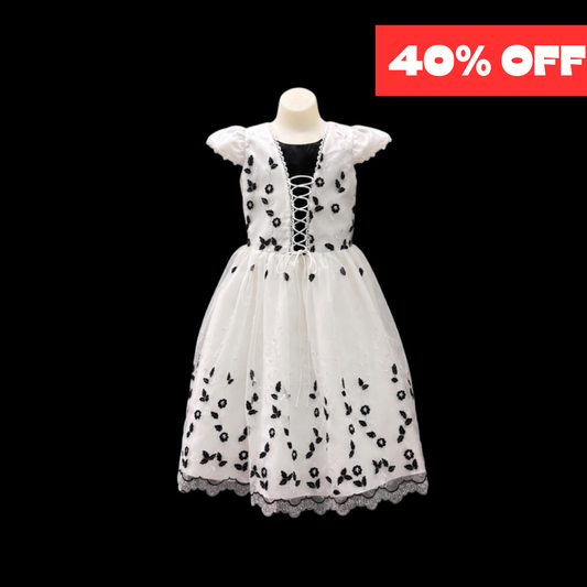 Girls White & Black Embroidered Party Dress w/ Lace-Up Bodice (Size 8)