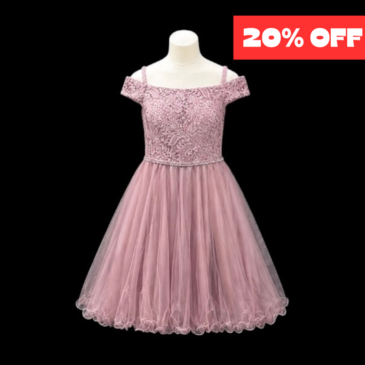 Mauve Off-the-Shoulder Lace Jr. Grad Dress with Tulle Skirt & Rhinestone Waist (L)