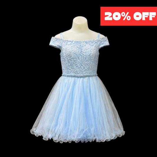 Baby Blue Off-the-Shoulder Lace Jr. Grad Dress with Tulle Skirt & Rhinestone Waist (XS)