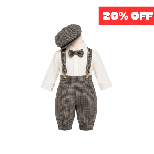 Rafael Collection 5-Piece Ivory & Taupe Plaid Suspender Outfit Set with Newsboy Hat (9 Months)