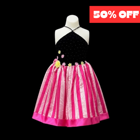 Black & Pink Halter Dress w/ Floral Waist Detail & Striped Skirt