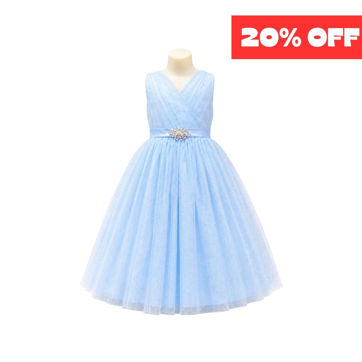 Sky Blue Glitter Tulle Dress with Pleated V-Neck & Rhinestone Brooch