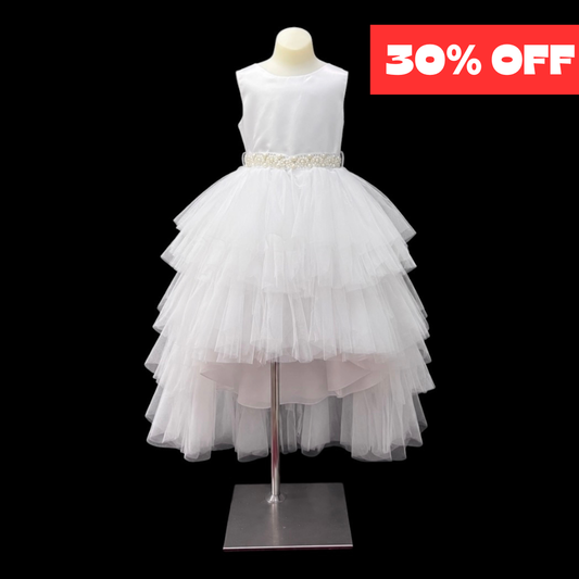 Joy Kids U.S.A. White Tiered Tulle High-Low Dress with Pearl & Rhinestone Sash