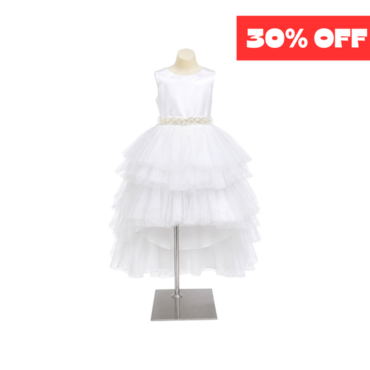 Joy Kids U.S.A. White Tiered Tulle High-Low Dress with Pearl Rhinestone Waist