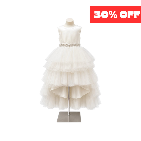 Joy Kids U.S.A. Ivory Tiered Tulle High-Low Dress with Pearl Rhinestone Waist (Size 16)