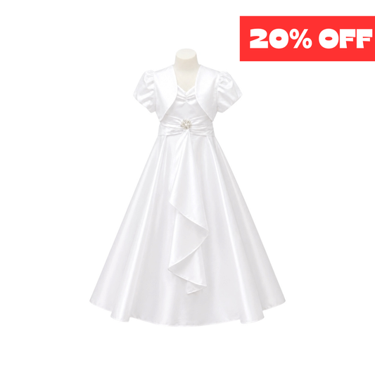 White Satin Formal Dress with Draped Front Panel, Crystal Brooch & Matching Bolero (Size 10)