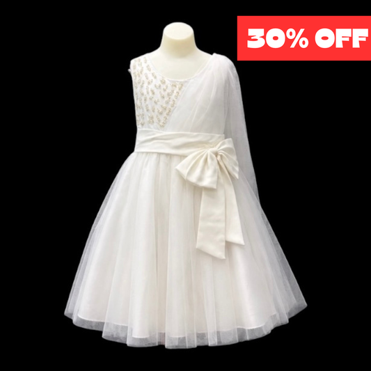 Ivory One Shoulder Tulle Dress with Beaded Bodice and Satin Bow Sash (Size 4)