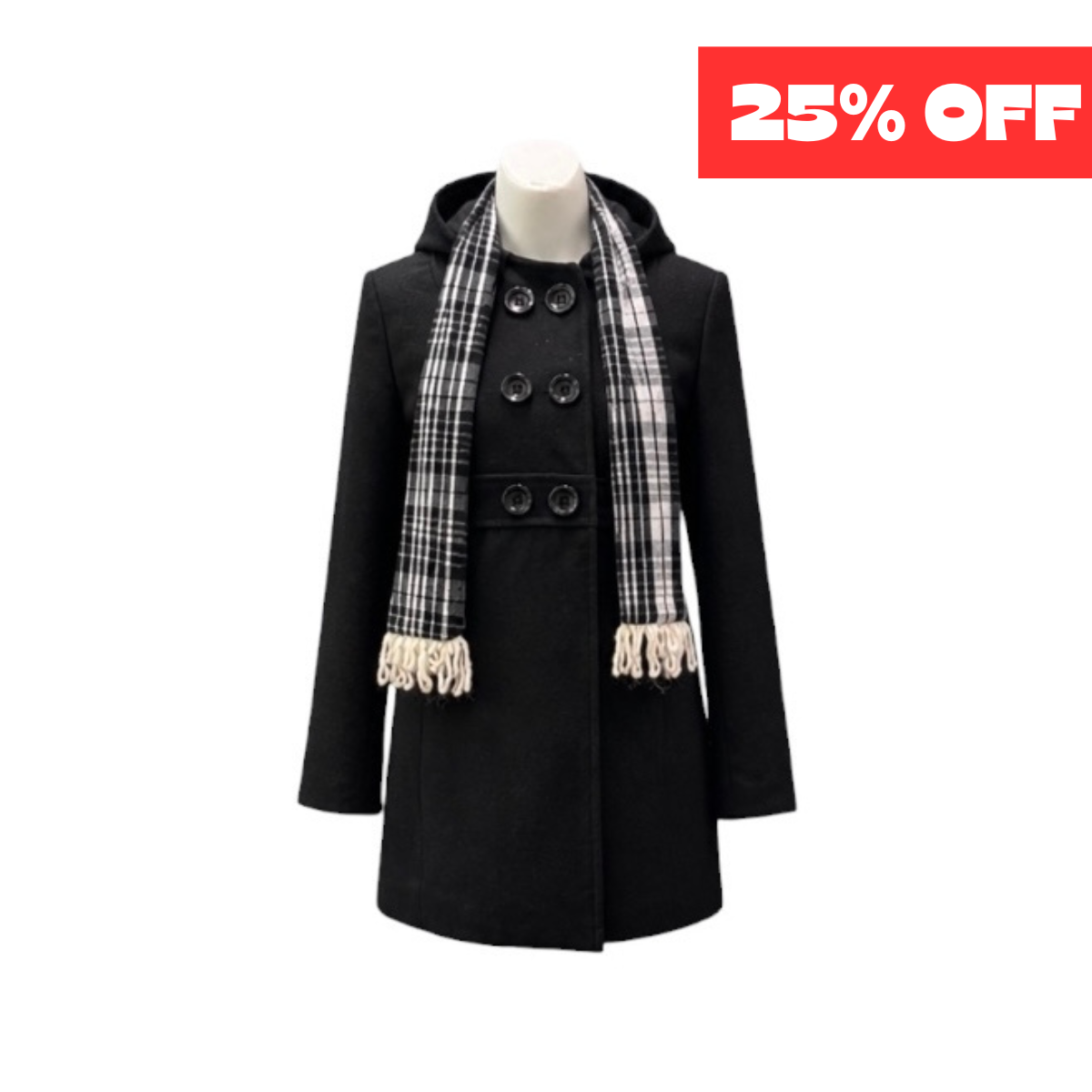Girls Black Felt Coat with Double-Breasted Buttons & Plaid Scarf Set