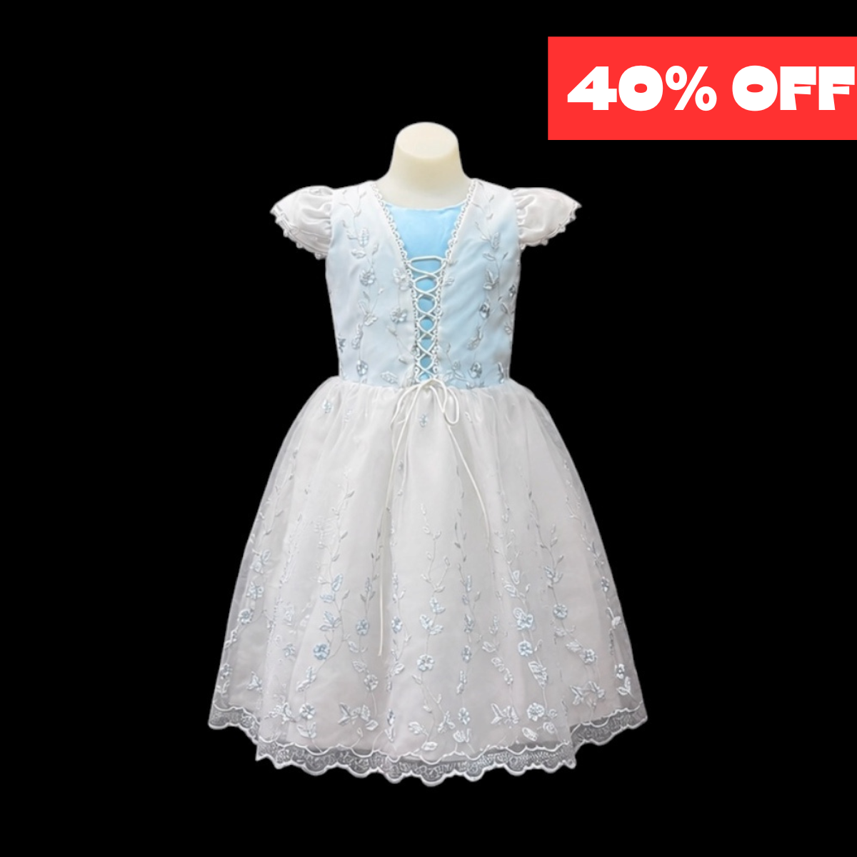 Girls White & Light Blue Embroidered Party Dress w/ Lace-Up Bodice (Size 8)