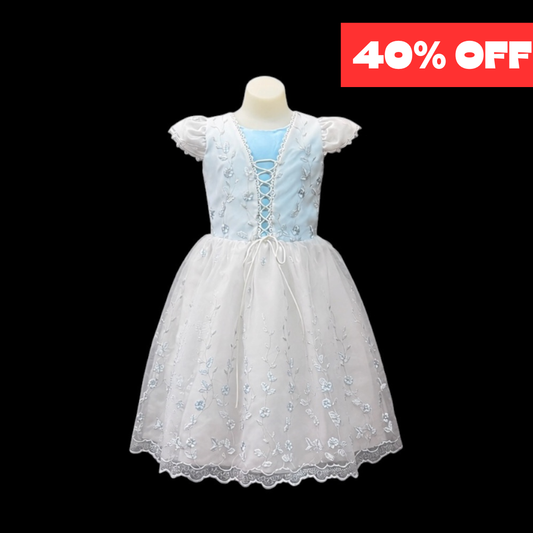 Girls White & Light Blue Embroidered Party Dress w/ Lace-Up Bodice (Size 8)