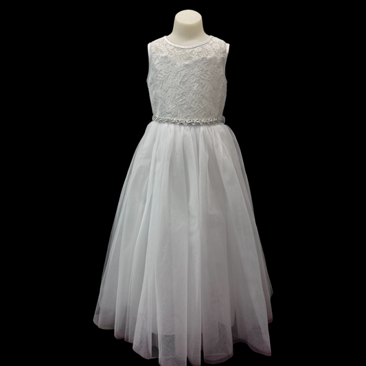 White Sleeveless Dress w/ Floral Lace Bodice