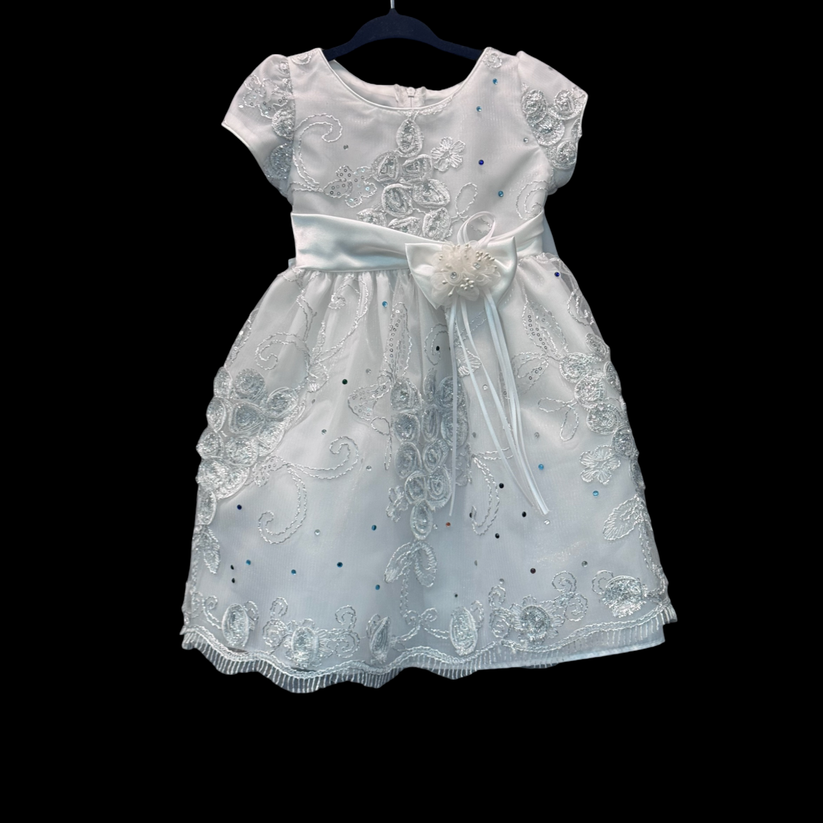 Cap Sleeve Embroidered White Bedazzled Baby Dress